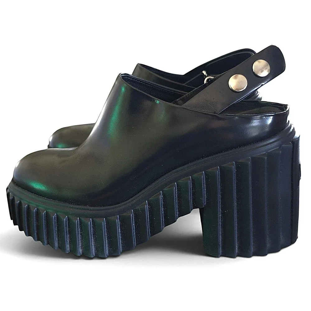 AGL Tiggy Womens Size 39 Black Leather Slingback Platform Mule Chunky Block Heel